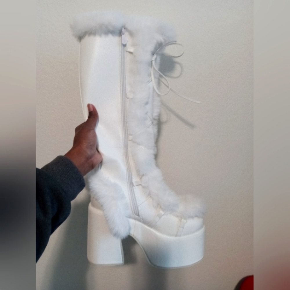White fur platform heels